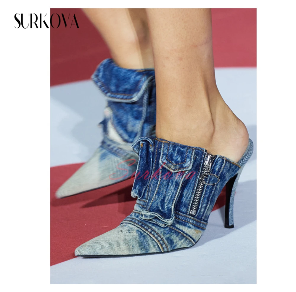 

Vintage Denim Pocket Pumps Pointed Toe Slingback High Heels for Women Sexy Stilettos Outdoor Runway Shoes Women's Fashion Shoes