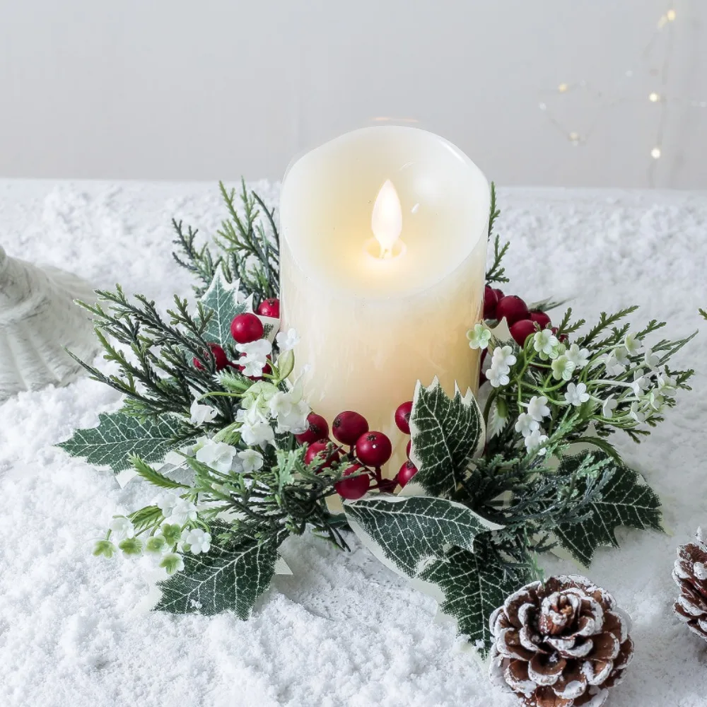 Christmas Candlestick Wreath Artificial Berry Garland Candle Holder Xmas Decoration For Home 2024 Fake Leaves Wreath For Candle