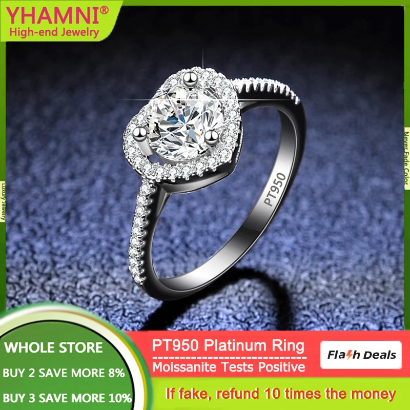 YHAMNI Luxury PT950 Platinum Ring Heart Shape Inlay Round 1 Carat Diamond Moissanite Rings for Women High Quality Fine Jewelry