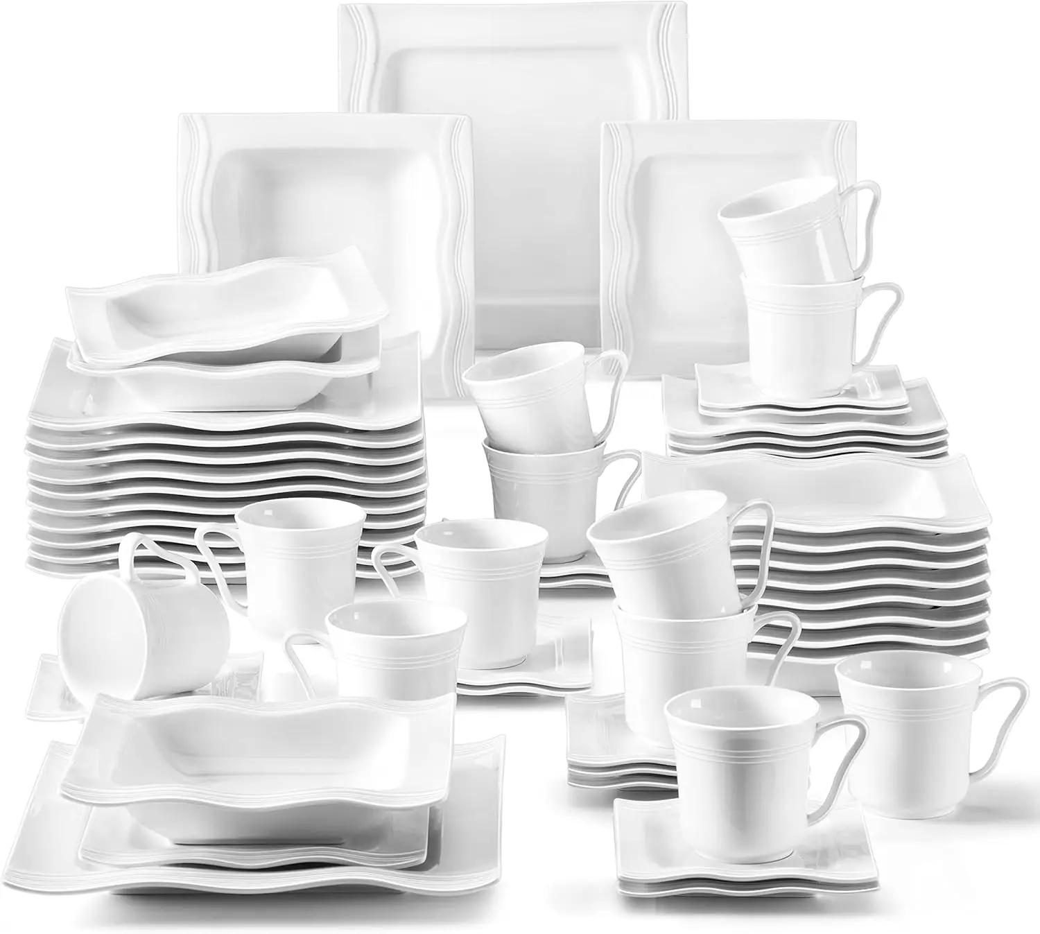 Ivory White Dinnerware Sets 60 Piece Porcelain Plates and Bowls Sets for 12 Kitchen Square Dish Set with Dinner Plates and Bowls