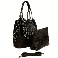 2 Stks/set Gotische Schedelprint Hobo Tas Punk Sjaal Decor Draagtas Dames Trendy Handtas Schoudertas Crossbody Tas Handtas