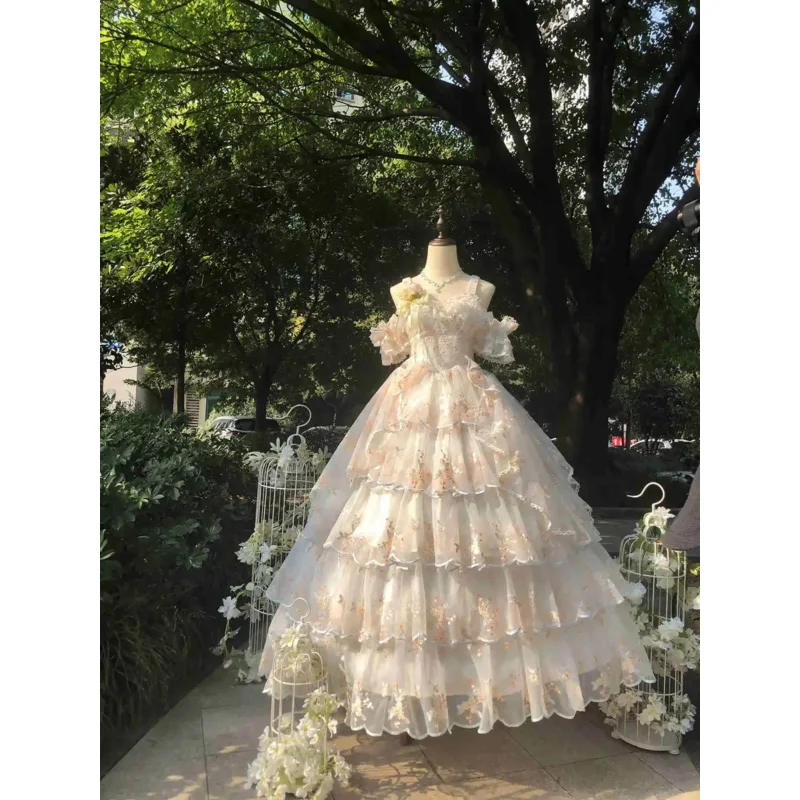 

Women Sweet Lace Floral Embroidery Princess Wedding Dresses Girls Cute Party Vestidos Victorian Retro Lolita Jsk Dress Japanese