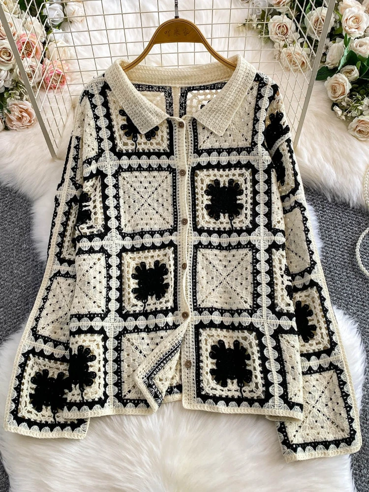 

2025 Autumn New Lapel Collar Long Sleeves Plaid Loose Coat Women Hollow Out Vintage Crochet Hook Vacation Casual Cardigan