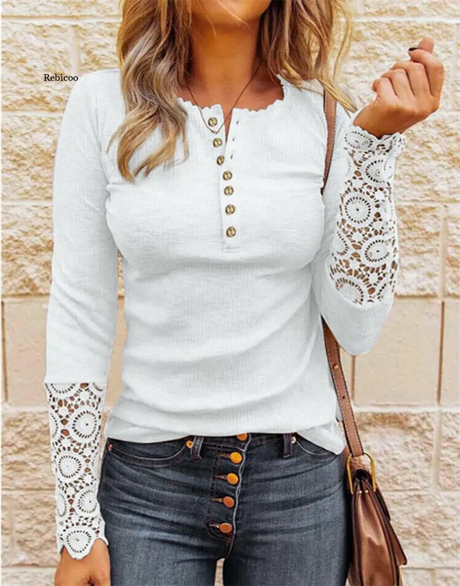 Lace Splicing Top Long Sleeve T Shirt Woman Button Slim Tops Tee Autumn Spring Patchwork Sleeve T-shirt Women Sexy Streetwear