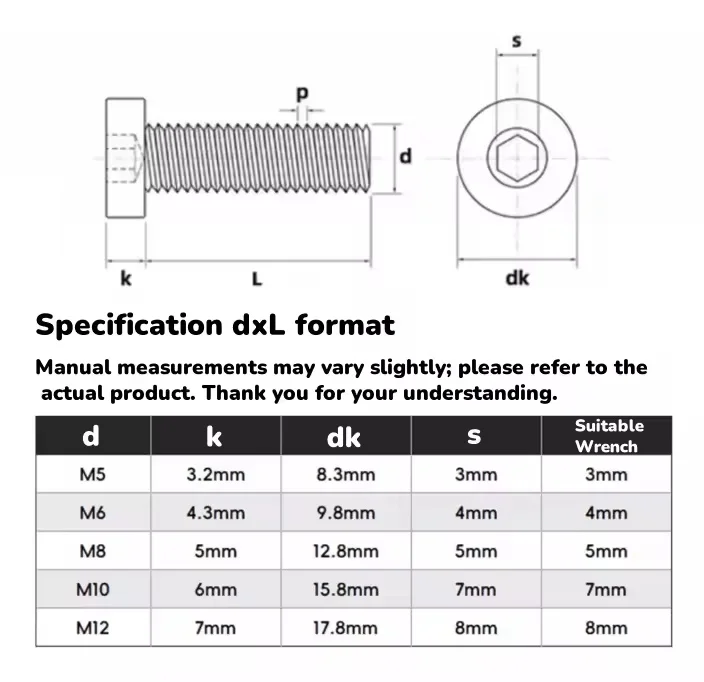 304 Stainless Steel Allen Hexagon Hex Socket Screws Thin Low Short Head Cap Cylindrical Screw Bolt M5 ~ M12