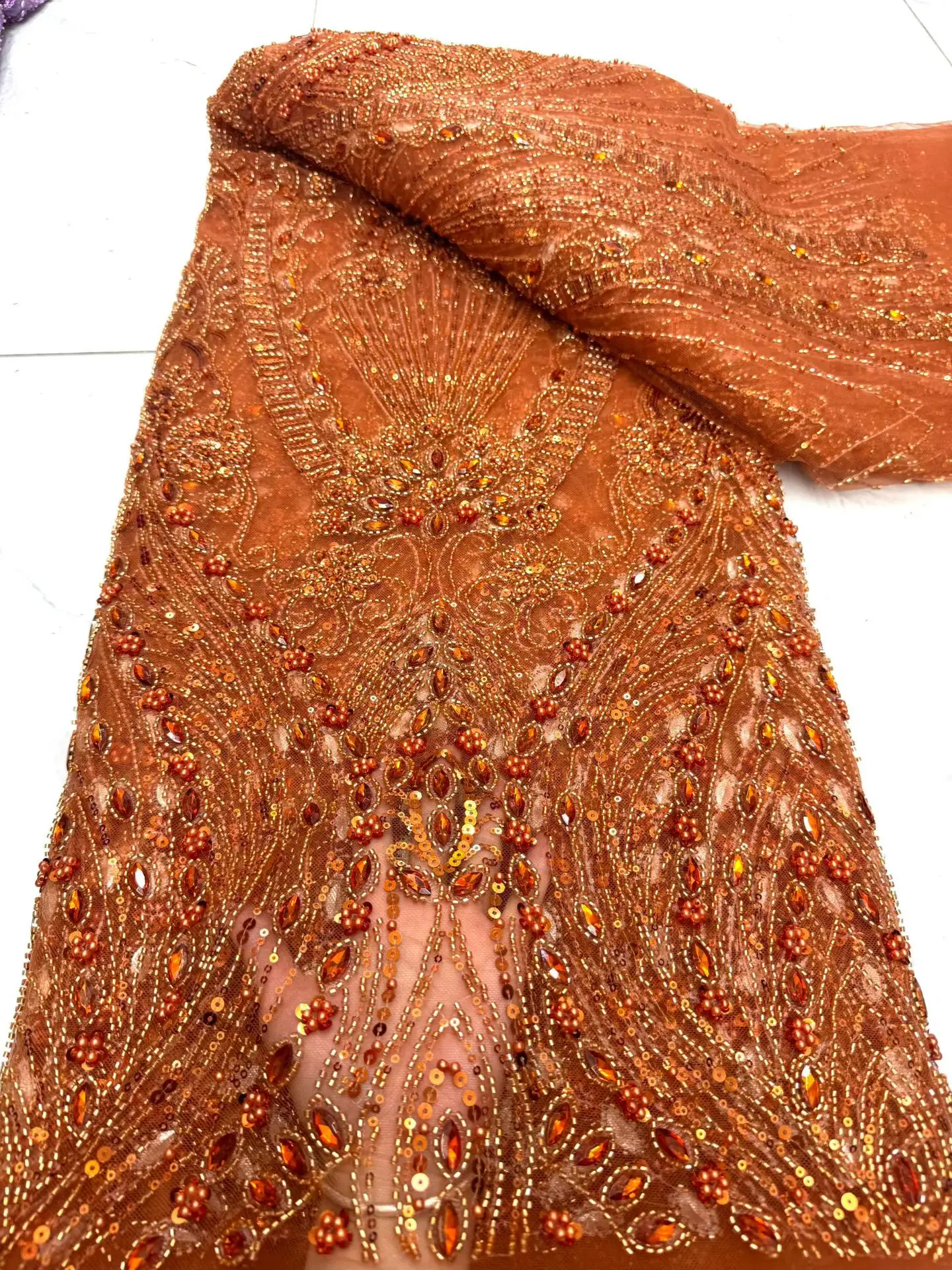 

African Sequins Pearls Lace Fabric 2026 High Quality French Heavy Beaded Tulle Lace Fabric Nigeria For Bridal Party Dress