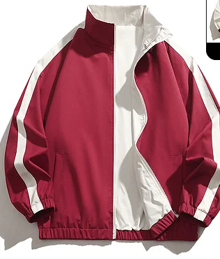 Reversible Stand Collar Jacket Men Women Light Blue Striped Sleeve Loose Casual Windbreaker 2 Sides Wear Zip Up Coat Spring Autu