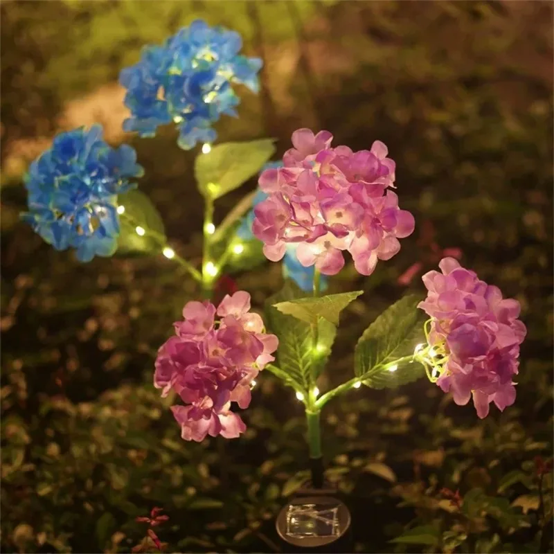 3 Heads Hydrangea Flower Simulation Solar Lawn Lamp Summer Wedding Party Holiday Home Garden Outdoor Patio Decor Ground Light