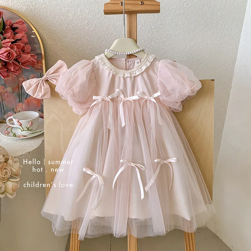 

2026 new girls' summer dress, stylish children's fashion, bubble sleeves, mesh skirt, sweet and elegant princess skirt