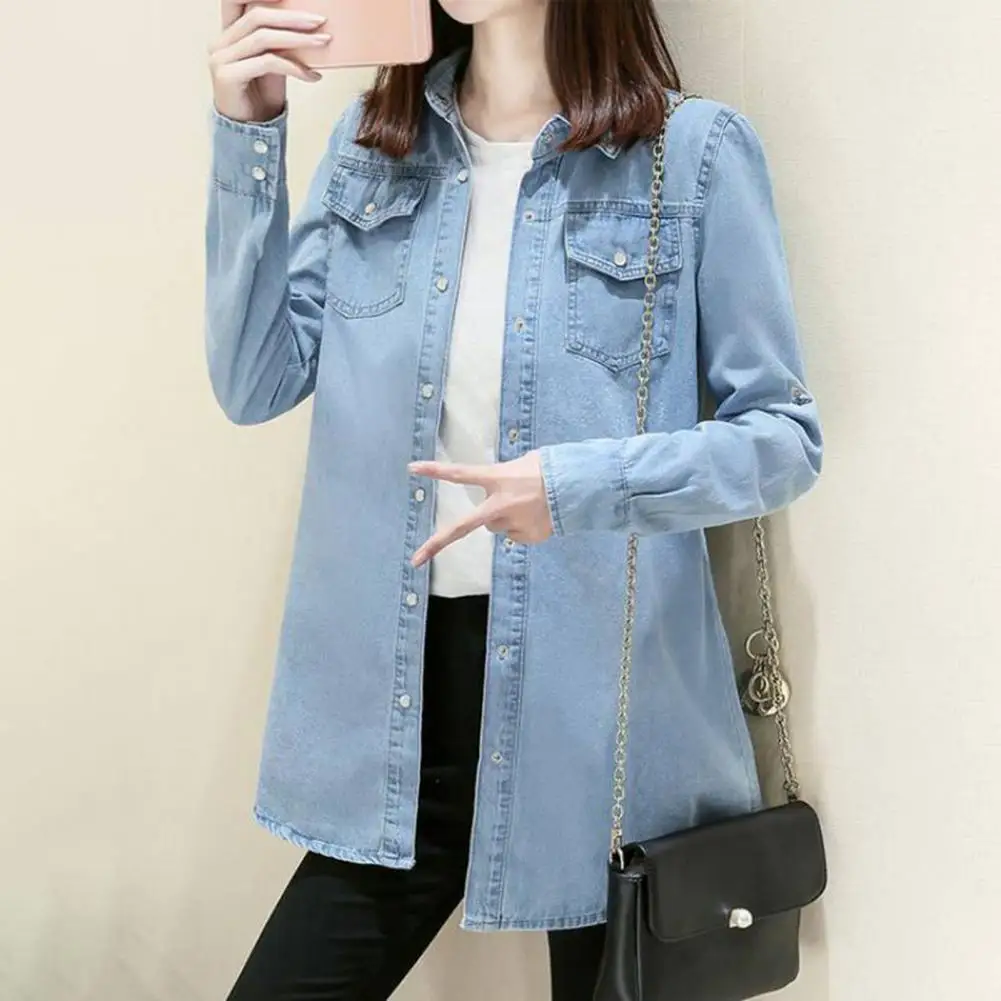 Basic Commuting Style Top Stylish Women's Denim Shirt Coat with Pockets Loose Fit Long Sleeve Outwear for Commuting for Casual