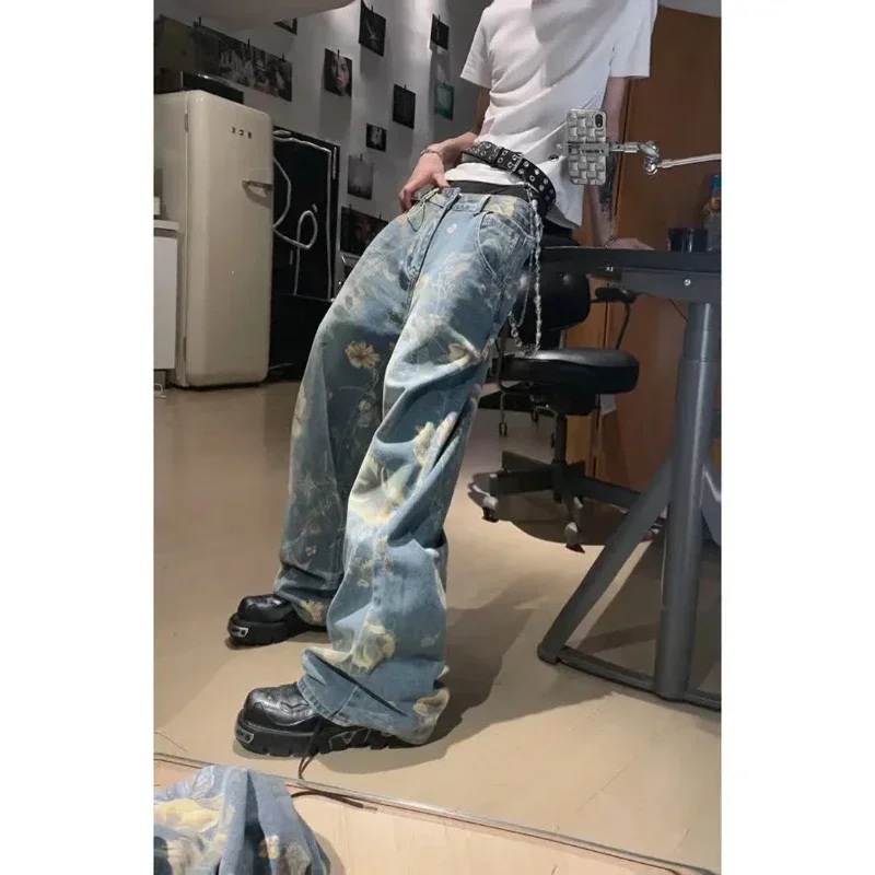 Flowers full of jacquard men straight baggy jeans vintage Korean version trend versatile loose handsome wide-leg pants