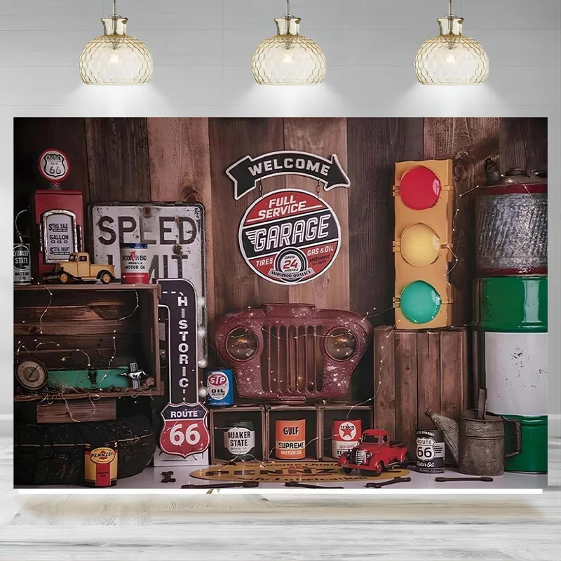 Fondo de fotografía de almacén de reparación de automóviles, luz de señal de mecánico de automóviles, pancarta de niño, Decoración de cumpleaños de 1 año