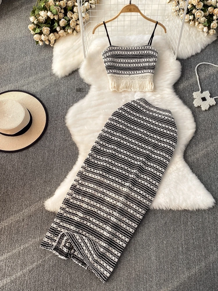 

Women Chic Strip Knitted Vest Cropped Tops+long Skirt Two-piece Set Slim Fit Bodycon Dress Suit Boho Beach Party Vacation