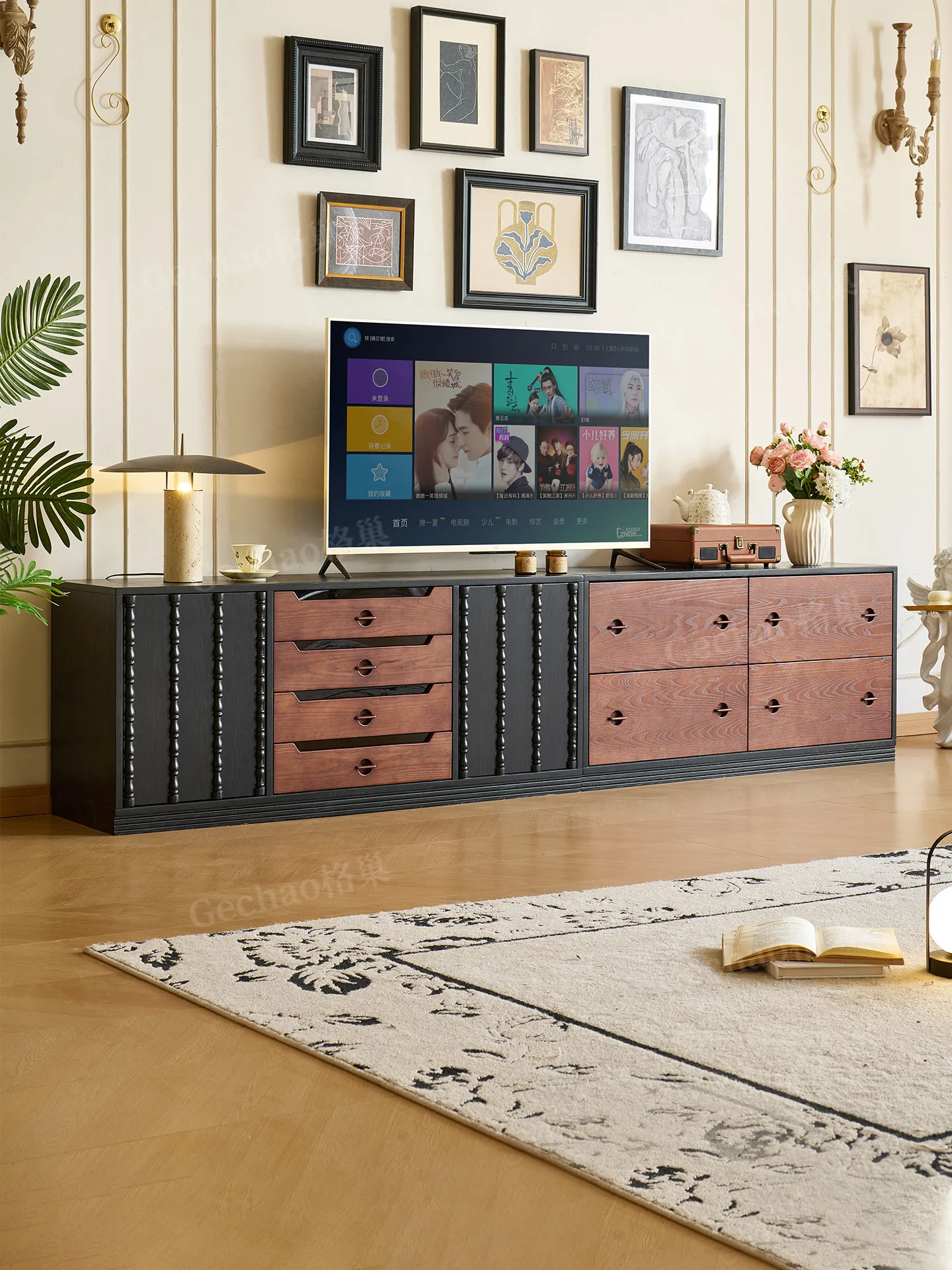 Ash wood TV cabinet module combination living room small apartment storage floor cabinet