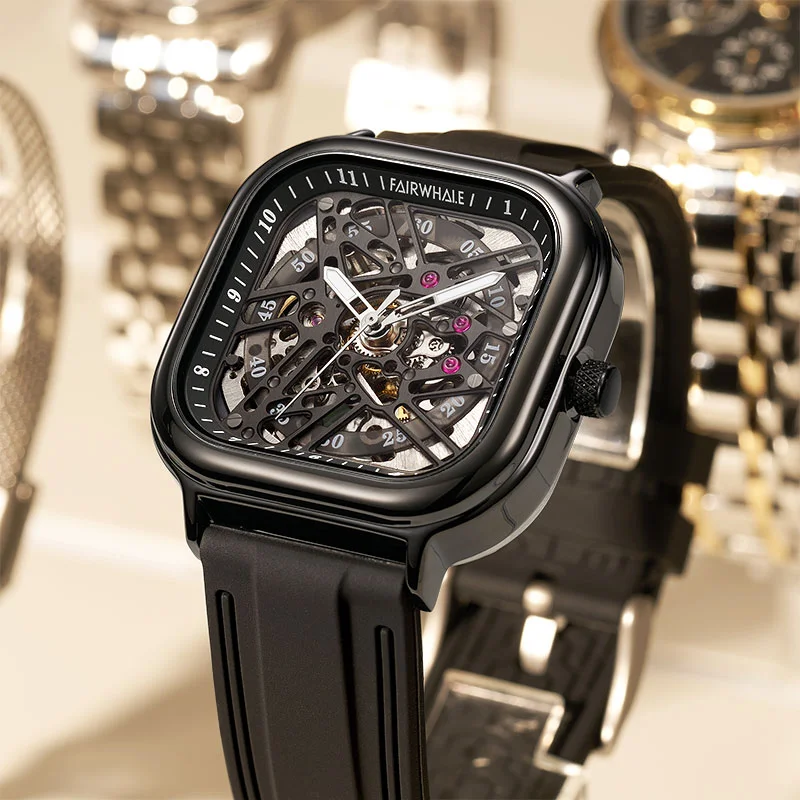 

Mark Fairwhale 6410, мужские автоматические часы, модные брендовые квадратные часы, силиконовый ремешок, роскошные механические наручные часы со скелетом для мальчиков