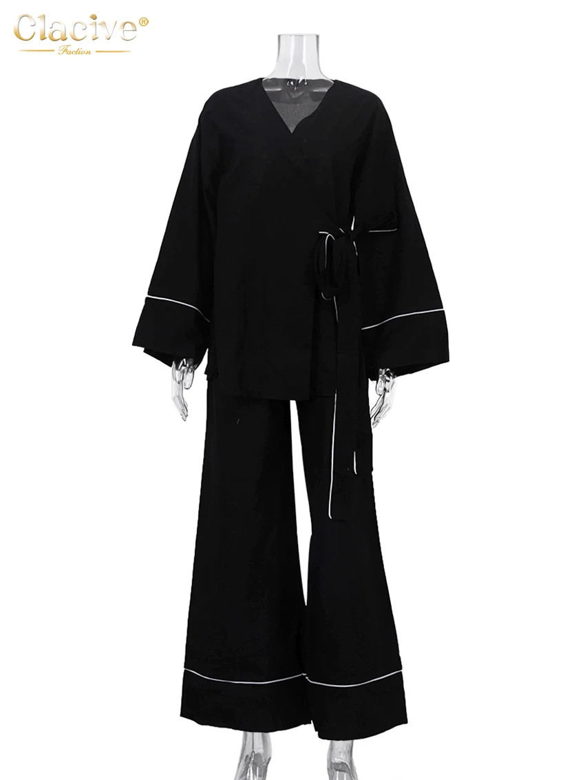 Cclacive Fashion Loose Black Cotton Women's Two Pieces Set 2025 Casual Long Sleeve Shirt With High Waist Wide Pants Set Female view 5
