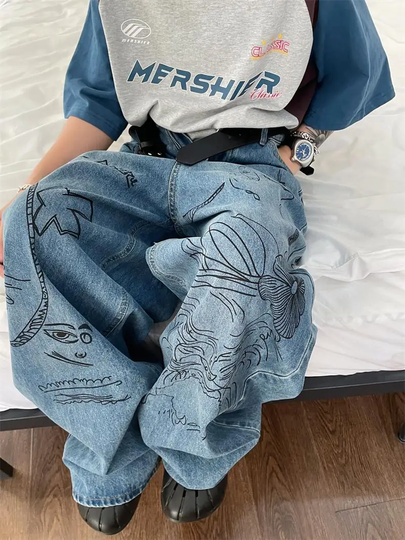 Men's Graffiti Print Personality Loose Jeans Fashion Trend Autumn Street Style Trousers Male High Waisted Wide Leg Denim Pants