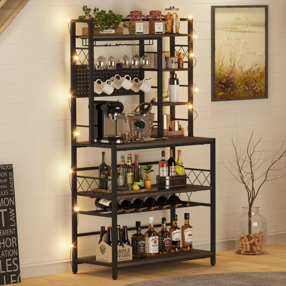 Wine Rack Freestanding Floor, Liquor Bar Cabinet with Storage, Coffee Bar Table with Glass Holder，Bakers Stand