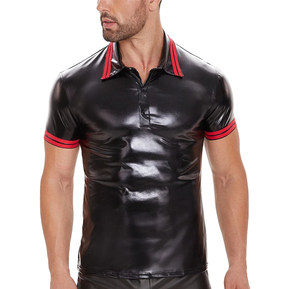 

Mens Fashion Leather T-shirt Tops Clubwear Male Faux Leather Turn-Down Shirt Streetwear Stage Performance Costume Men's Clothing