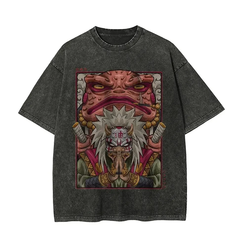 Jiraiya Sage Mode T-Shirt Naruto Shippuden Tee Vintage Washed Oversized Retro Anime Harajuku Streetwear Manga Herren Grafik-Oberteil