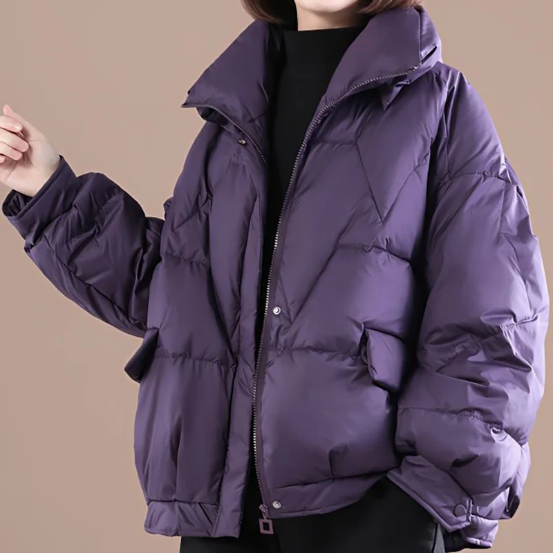 

Women Stand Collar Loose Casual Coat Fashion Elegant Warm Oversize Down Cotton Jacket 2023 Winter Korean Thicken Female Parkas