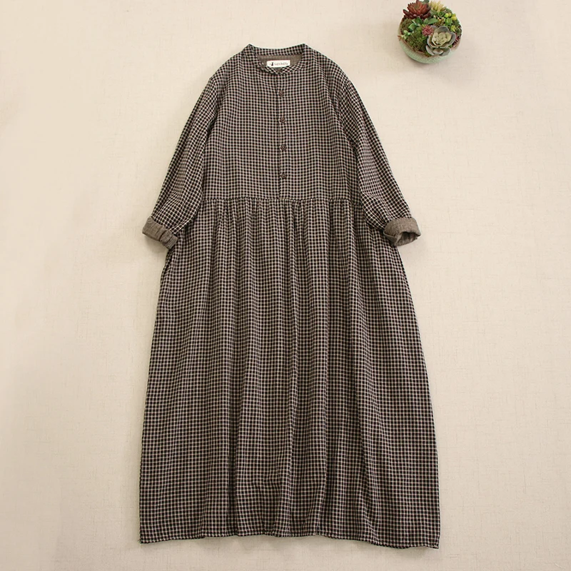 New Autumn Japanese Mori Girl Vintage Plaid Cotton Dress Women Half Open Collar Long Sleeve Casual Loose Long Shirt Dresses