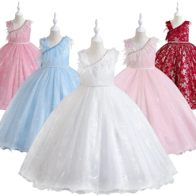 Children Halter Sloping Shoulder Fluffy Pageant Ceremony Dress Formal Occasion Girls Tassel Evening Wedding Bridesmaid Dresses