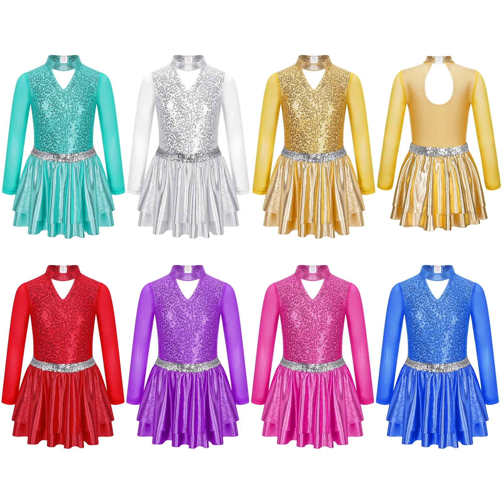 Kids Girls Sparkly Long Sleeve Ballet Dresses Sequins Jazz Ballroom Dance Dress Shiny Performance Costumes Children Dancewear