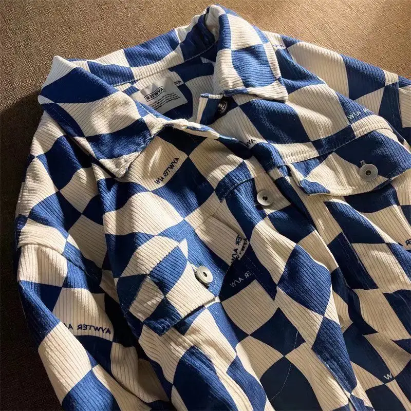 High Street Retro Klein Blue Color-blocked Checkerboard Shirt for Men and Women Niche Trendy Brand Corduroy Lapel Casual Jacket