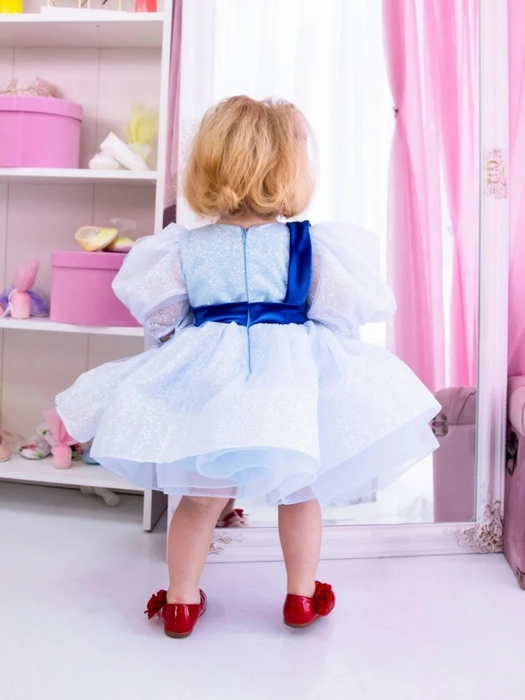 Custom Flower Girl Dress Puff Sleeve Tulle Satin Big Bow Waist Short Tutu Skirt Toddler 1st Birthday Baptism&Studio Photoshoot