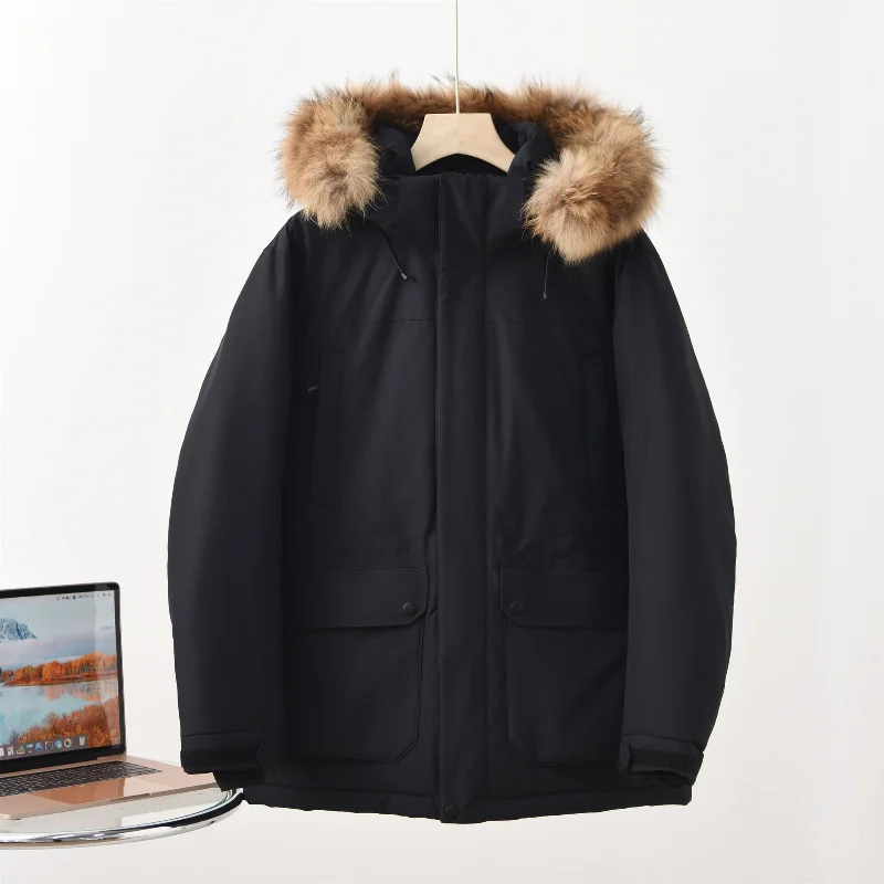 Casais pele de guaxinim com capuz jaquetas ao ar livre ferramentas 2025 inverno grande gola de pele das mulheres dos homens laranja solto pato branco azul marinho