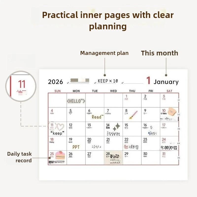 2025 & 2026 Productivity Calendar Stand Multifunctional Desk Organizer with Storage Box Cute Pen Holder & Memo Pad