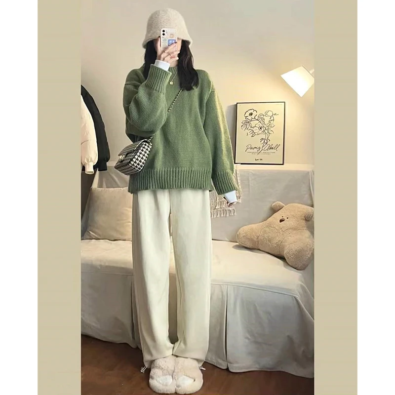 Vintage Knit Sweaters Women Oversized Japanese Casual Pullovers Knitwear Streetwear Green lethargy Jumpers