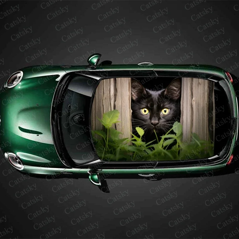 Cat Perched On Wooden Fence Car Roof Sticker Wrap Racing SUV Accessories Packaging Painted PVC Custom Car Graphic Decal