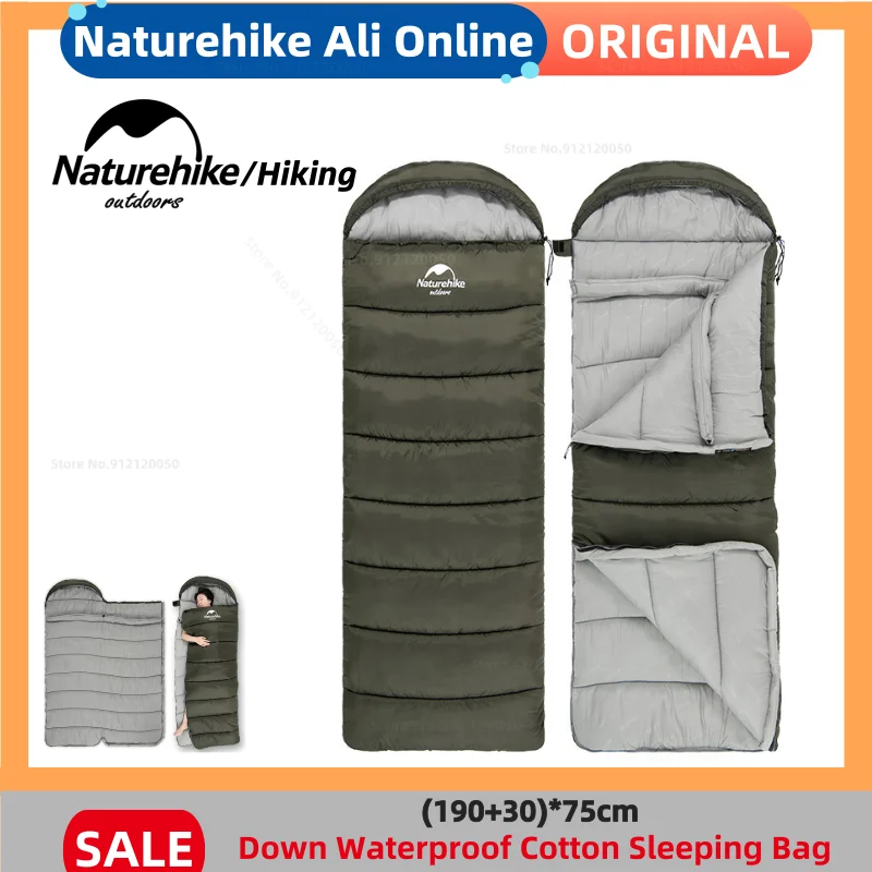 Naturehike Outdoor Envelope Sleeping Bag Camping Hiking Ultralight Down Waterproof Cotton Sleeping Bag Splicable with Nightcap