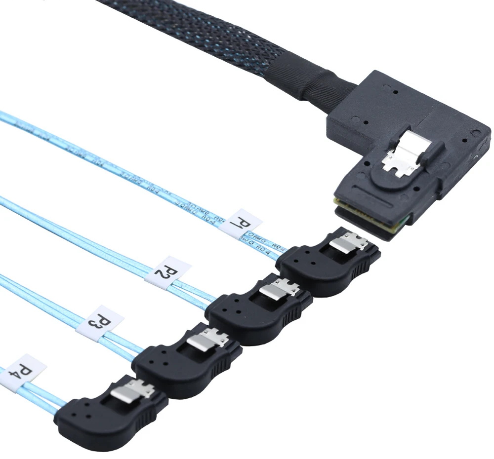 High speed right-angled Mini SAS HD SFF-8087 to left-angled 4 SATA 7P server Internal Cable