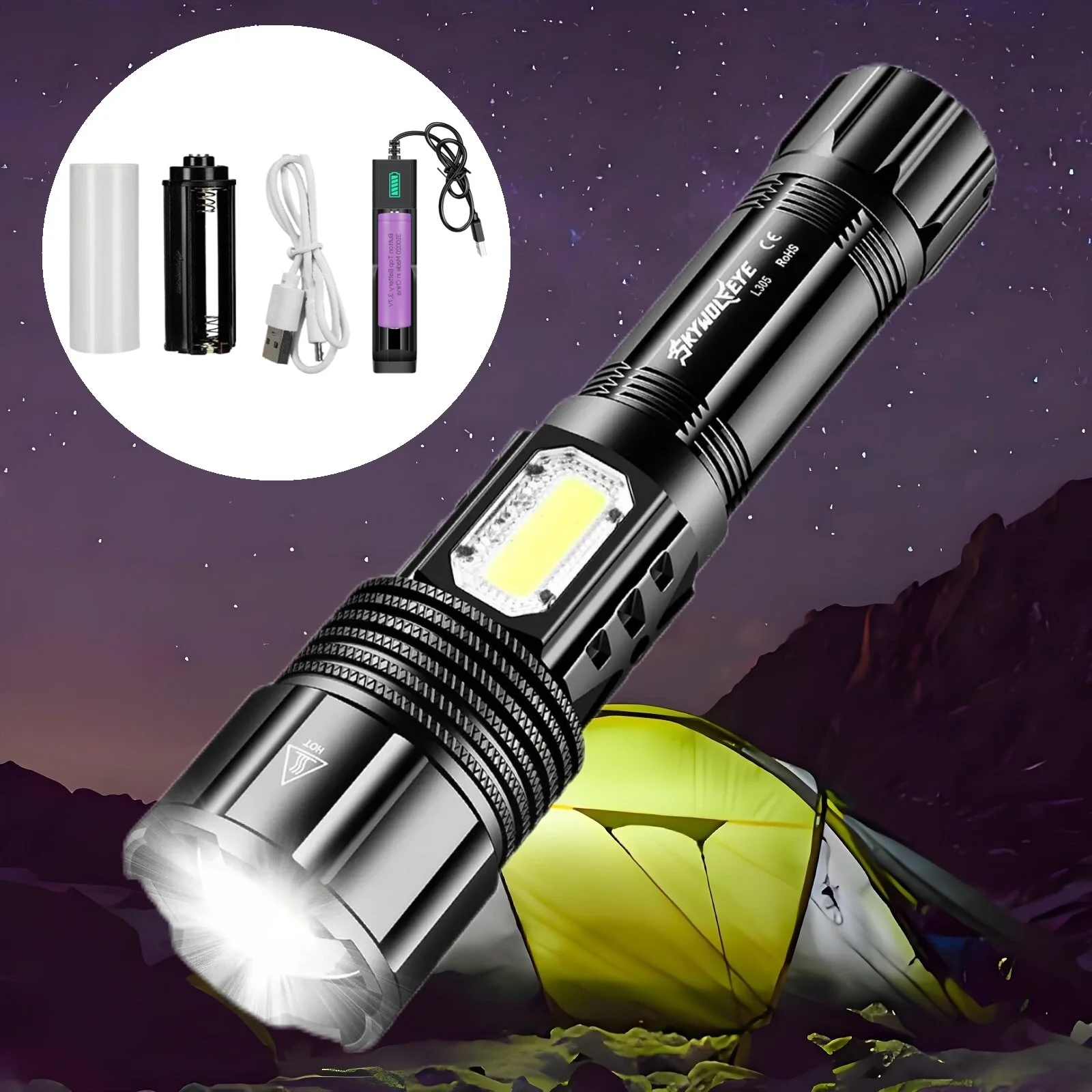 

Skywolfeye Rechargeable USB LED Flashlight Super Bright Torch with Side Light COB for Outdoor Hiking Expedition