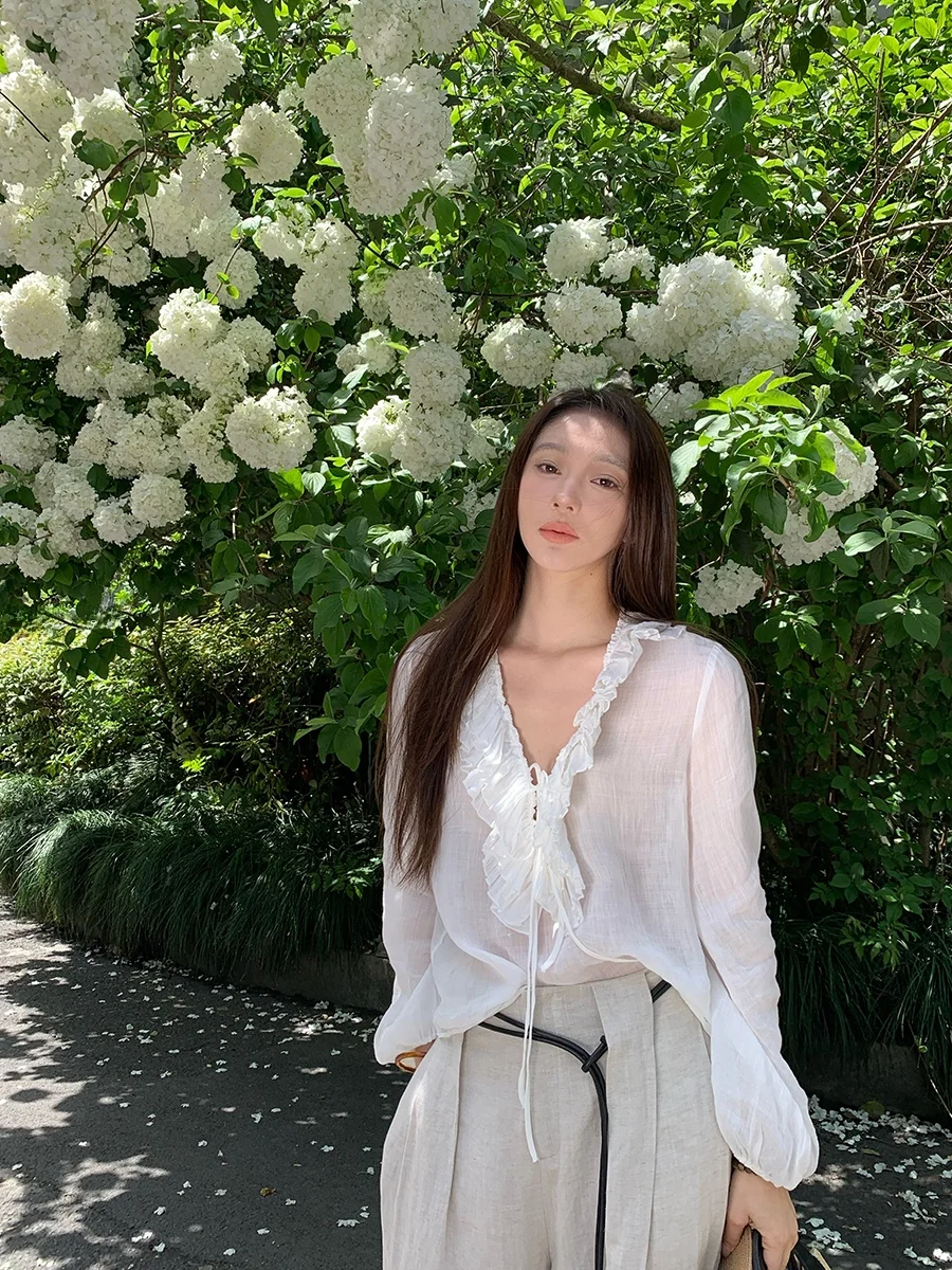 

Anjiu Yue Spring Morning V-ne T Top Casual Bubble Sve Sun Protection Cotton Linen Blouse Chinese Brand Women's irt