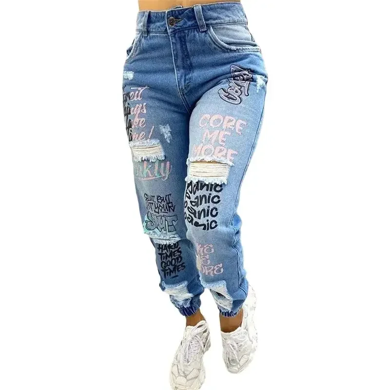 2024 Graffiti Letter Print Pencil Jeans Women Trend Streetwear Slim High Waist Denim Trousers Female Fashion Broken Holes Pants