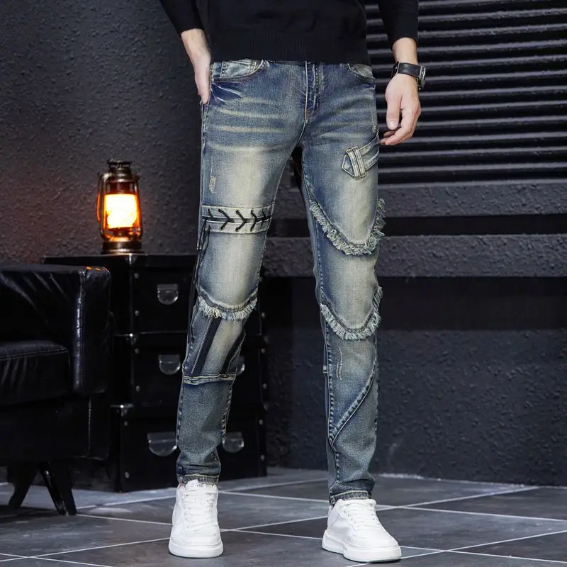 2023 Fashion Brand Embroidery Zipper Ragged Edge Panel Men\'s Jeans Retro Wearing Rope Korean Version Retro demin jeans