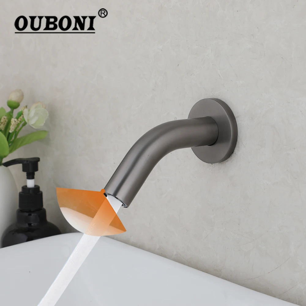 

OUBONI Bathroom Basin Sink Faucet Brushed Gun Gray Wall Mounted Hot & Cold Touch Sensor Battery Power Automatic Mixer Tap