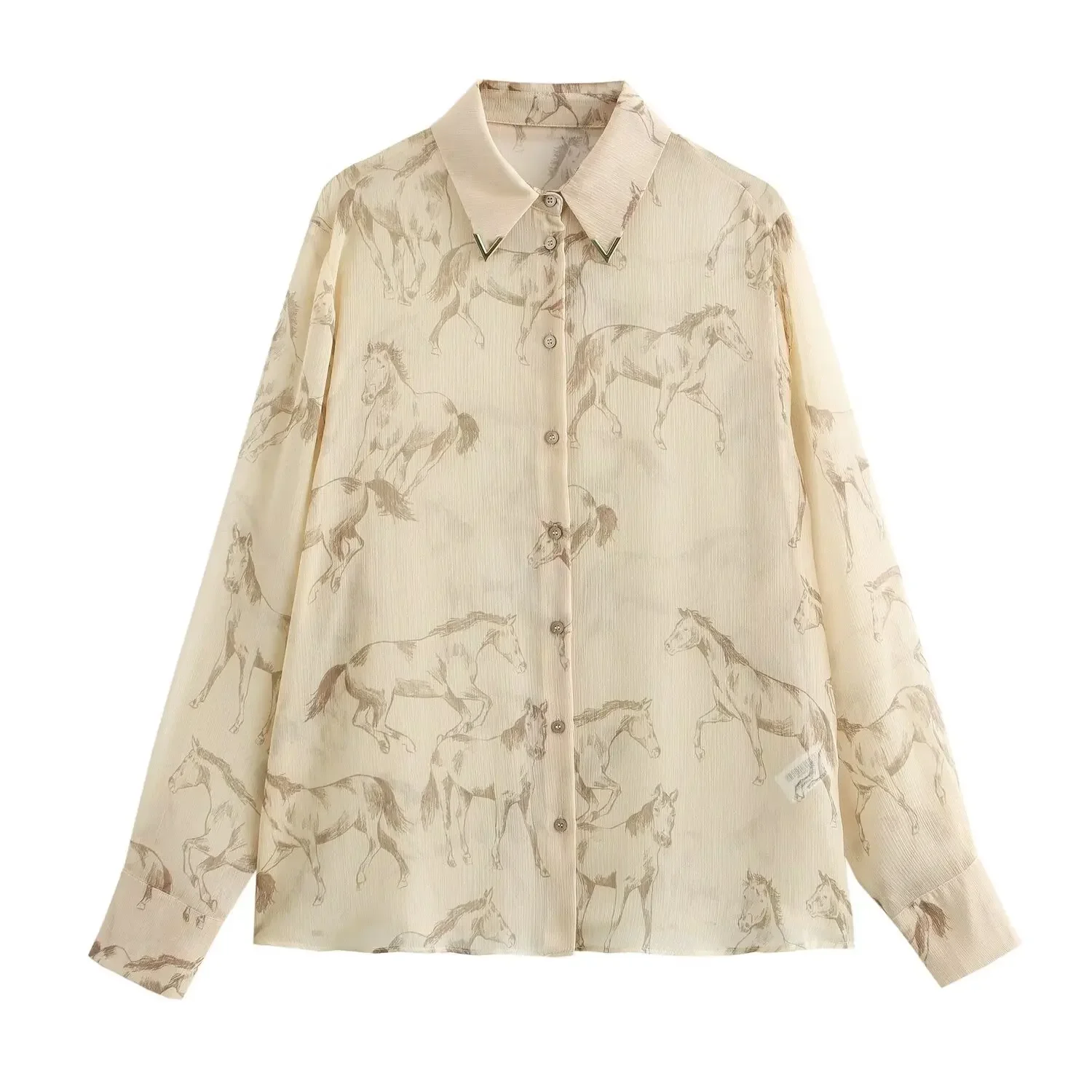 

Animal Print Thin Blouse Women Casual See Through Loose Shirt 2025 New Spring Summer Retro Turndown Collar Single Breasted Top