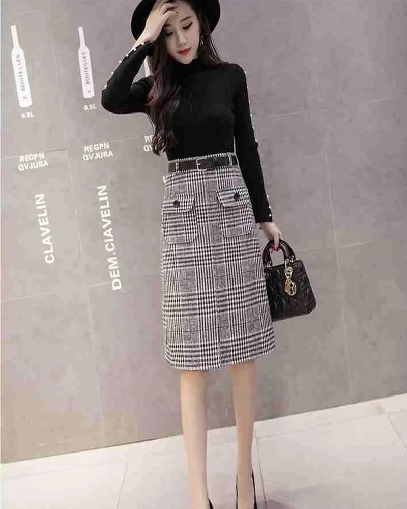 Winter Skirts for Women Knee Length Luxury False Pockets Office Lady Casual A-Line High Waist Plaid Skirt Korean Style with Belt