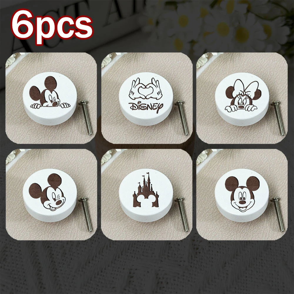 6Pcs Drawer Knob Mickey Mouse Wooden Engraved Cabinet Pulls Kitchen Room Boho Nursery Dresser Knobs Children Furniture Handle