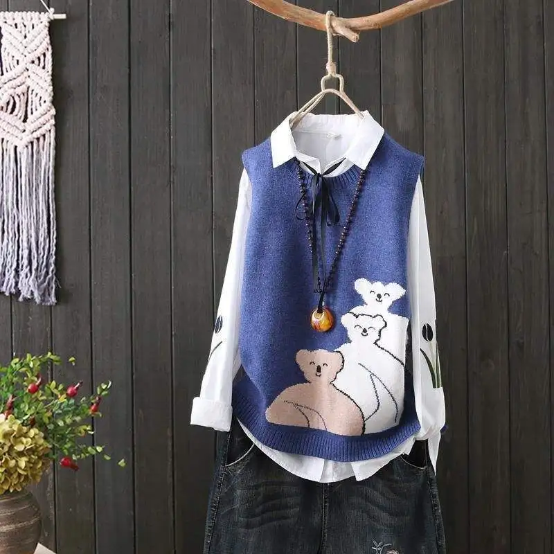 

Kawaii Little Bear Cartoon Sleeveless Sweaters Vest Spring Autumn Women's Clothing Fashion Knitted Pullovers Loose Casual Tops