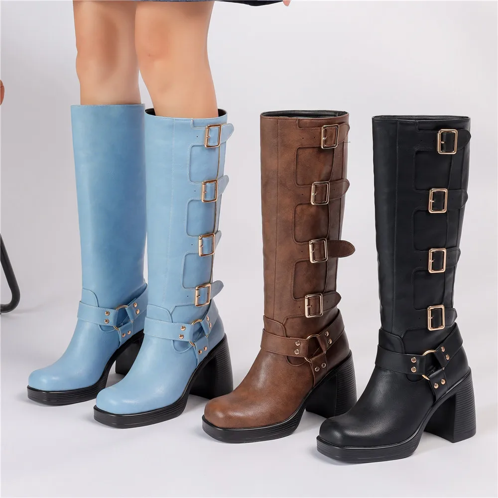 Ladies Motorcycle Booties Punk Style High Heel Shoes Autumn Winter Gothic Platforms Woman Buckle Square Toe Knee-High Boots