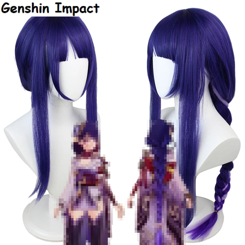 Game Genshin Impact Raiden Shogun Peruca Cosplay, Peruca Roxa, Massa Frita, Trança Torcida, Perucas Simuladas, Homens e Mulheres, Crianças, 90cm