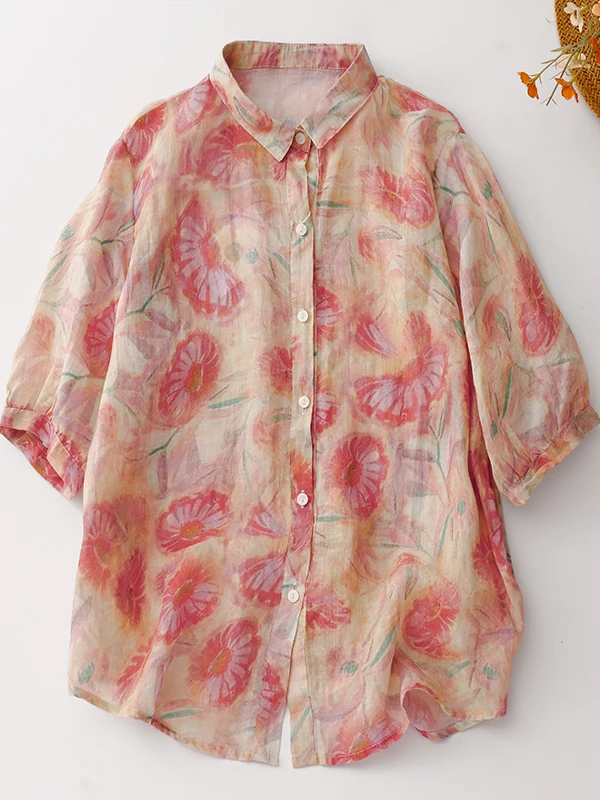 Retro Print Linen Cotton Blend Casual Thin ort Sve  Collar Open Cardigan Top for Women Summer 2025 Commute Sle