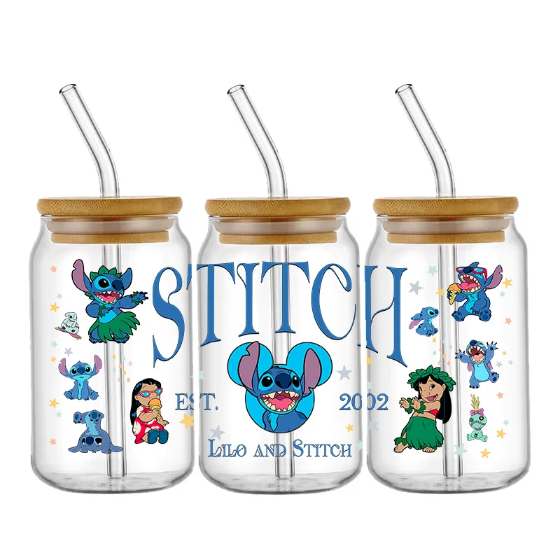 Stitch And Lilo UV DTF Cup Wrap 16oz Libbey Glass Can DIY Sticker Selfadhesive Washable Transfer Stickers Durable Glass Decals