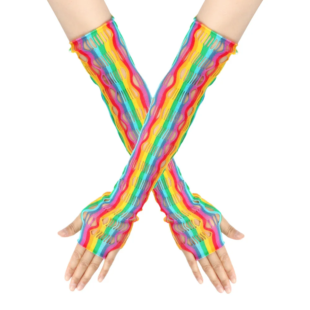 Maniche lunghe elastiche in rete colorata arcobaleno Guanti lunghi intrecciati in rete colorata per feste da ballo